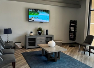 Dental office waiting area with TV, modern furniture, and blue rug