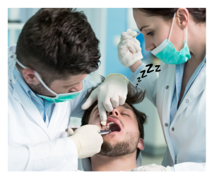 Dentist and assistant treating sleeping patient — “zzz” indicates sedation or comfort